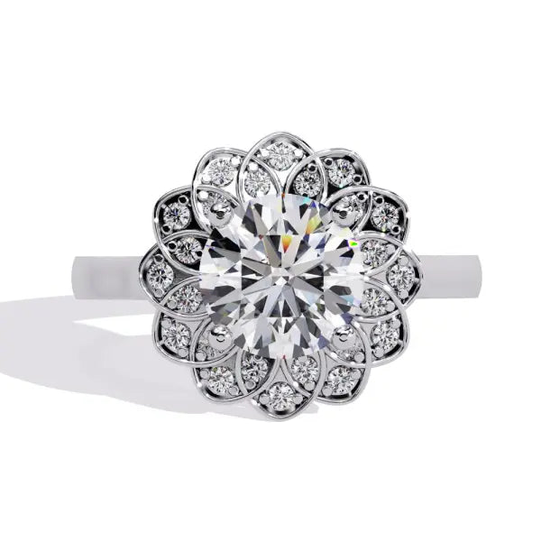 Round Floral Halo Engagement Ring