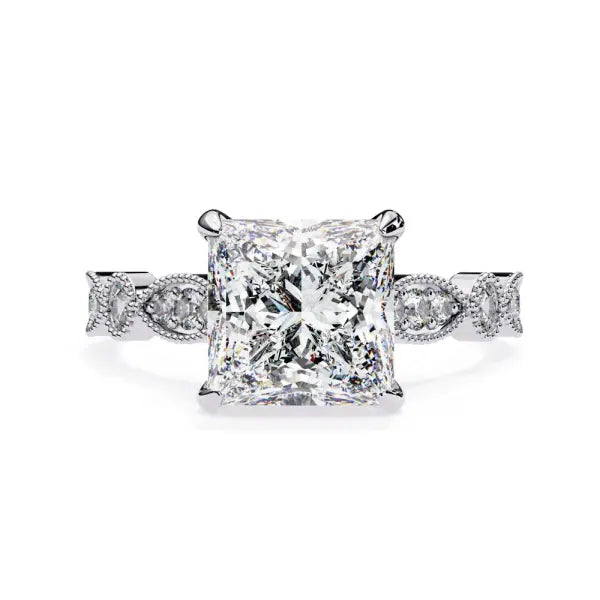 Princess Hidden Halo With Milgrain Band Engagement Ring